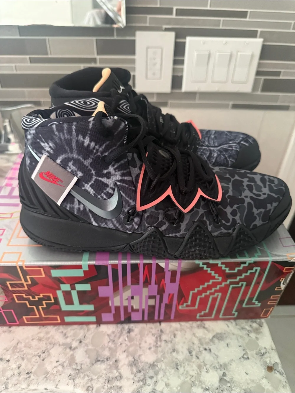 Nike Kybrid GS black Basketball Sneakers with Pink Trim and Mixed Grey Pattern